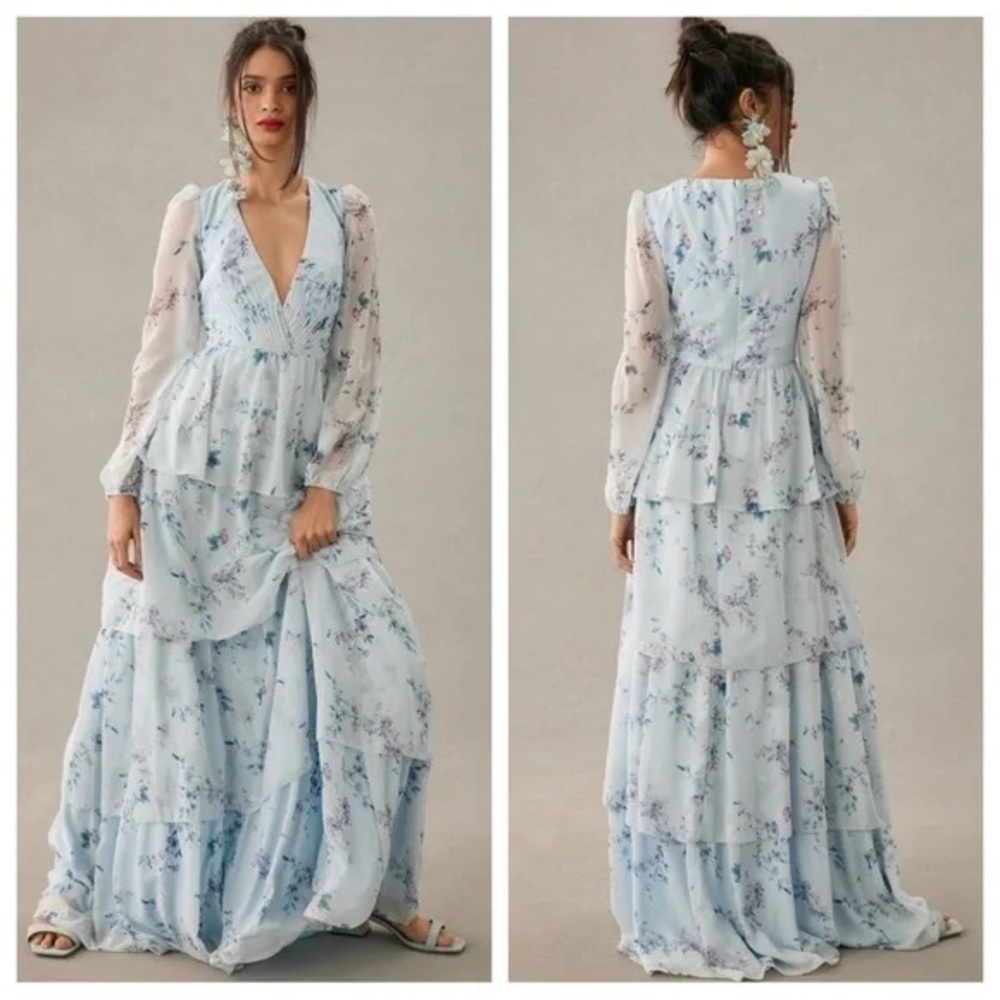 Mac Duggal Ruffle Tiered Floral Print Illusion Long Sleeve Gown Size 10 NWOT